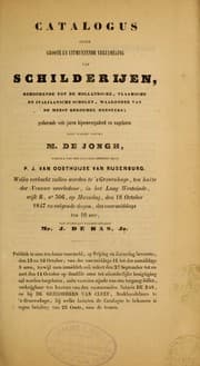 Tapa de Catalogus eener groote en uitmuntende verzameling van schilderijen, behoorende tot de hollandsche, vlaamsche et italiaansche scholen, waaronder van de meest beroemde meesters, gedurende vele jaren bijeenvergaderd en nagelaten door wijlen vrouwe M. de Jongh