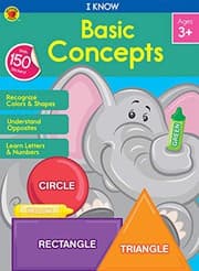 Tapa de Carson Dellosa — I Know Basic Concepts Workbook for PK, 1st Grade, 64 Pages with Stickers, Ages 3+