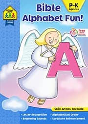 Tapa de School Zone - Bible Alphabet Fun! Workbook - Ages 4 to 6, Preschool to Kindergarten, Christian Scripture, Old & New Testament, ABCs, Letters, Sounds, and More