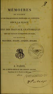 Tapa de Mémoires en réponse à l'une des questions proposées au concours pour la place du Chef des travaux anatomiques dans la Faculté de médecine de Paris