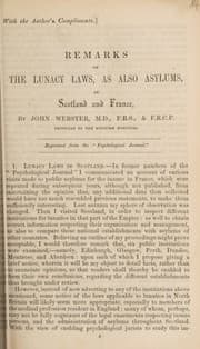 Tapa de Remarks on the lunacy laws, as also asylums, of Scotland and France