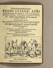 Tapa de Brevis & admiranda descriptio regni Guianae, avri abundantissimi, in America, seu novo orbe, sub linea aequinoctilia siti: quod nuper admodum, annis nimirum 1564 [sic]. 1595 & 1596. Per generosium dominum Dn. Gualtherum Raleghe quitem Anglum detectum est