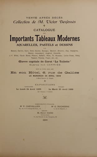 Tapa de Catalogue des importants tableaux modernes, aquarelles, pastels et dessins