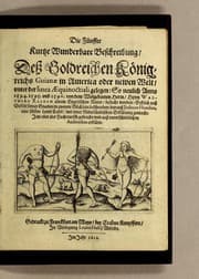 Tapa de Die fünffte kurtze wunderbare Beschreibung, dess Goldreichen Königreichs Guianae in America oder newen Welt, vnter der Linea Aequinoctiali gelegen: so neulich Anno 1594. 1595. vnd 1596. von dem wolgebornen Herrn, Herrn Walthero Ralegh einem englischen Ritter, besucht worden