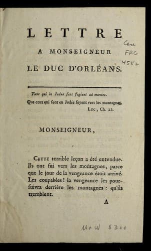 Tapa de Lettre a Monseigneur le Duc d'Orle ans