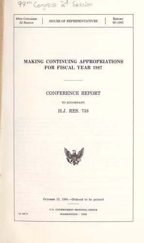 Tapa de Making continuing appropriations for fiscal year 1987