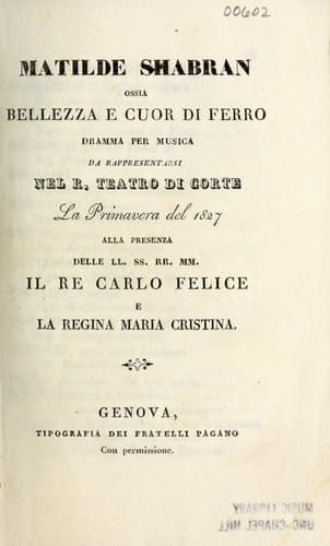 Tapa de Matilde Shabran, ossia, Bellezza e cuor di ferro