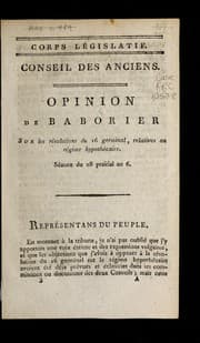 Tapa de Opinion de Baborier sur les résolutions du 16 germinal relatives au régime hypothécaire