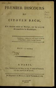 Tapa de Premier discours du citoyen Bach, à la réunion séant au Manége, sur les moyens de consolider la République