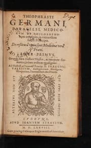 Tapa de Theophrasti Germani, Paracelsi ... De restituta vtriusque medicinæ vera praxi. Liber primus. Gerardo Dorn ... interprete Germanico, in hunc ordinem recolligente