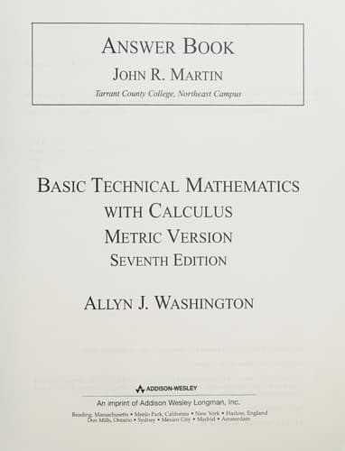 Tapa de Answer book to accompany Basic technical mathematics with calculus, 7th edtion