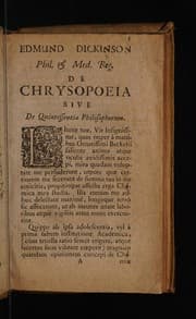 Tapa de Edmund Dickinson ... De chrysopoeia sive de quintessentia philosophorum. Juxta exemplar Oxoniense editio hoc exemplari longe castigator