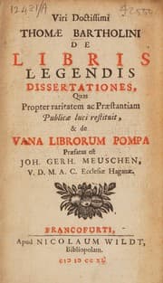 Tapa de Viri doctissimi Thomae Bartholini De libris legendis dissertationes quas propter raritatem ac praestantiam publicae luci restituit