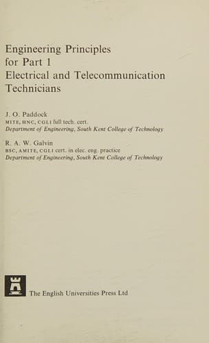 Tapa de Engineering principles for Part 1 electrical and telecommunication technicians