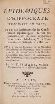 Tapa de Épidémiques d'Hippocrate traduites du grec; avec des réflexions sur les constitutions épidémiques
