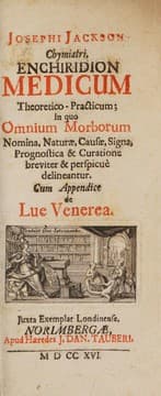 Tapa de Enchiridion medicum theoretico-practicum; in quo omnium morborum nomina, naturae, causae, signa, prognostica, et curatione [sic] ... delineantur. Cum appendice de lue venerea. Juxta exemplar Londinense