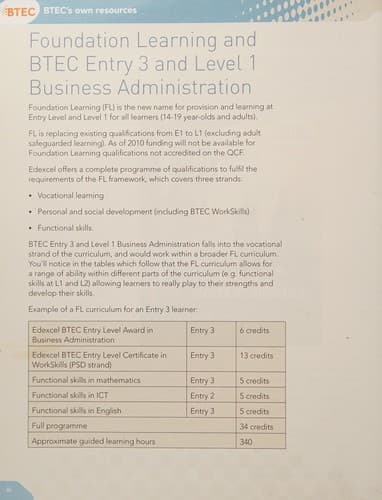 Tapa de BTEC entry 3/level 1 business administration
