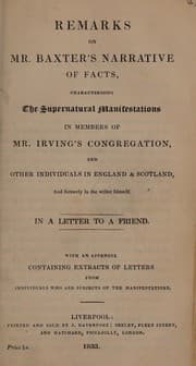 Tapa de Remarks on Mr. Baxter's Narrative of facts, characterising the supernatural manifestations in members of Mr. Irving's congregation, and other individuals in England & Scotland, and formerly in the writer himself