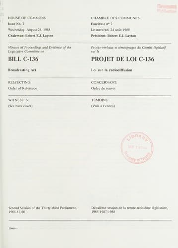 Tapa de Minutes of proceedings and evidence of the Legislative Committee on Bill C-136, Broadcasting act
