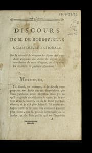 Tapa de Discours de M. de Robespierre a   l'Assemble e nationale, sur la ne cessite  de re voquer les de crets qui attachent l'exercice des droits du citoyen a   la contribution du marc d'argent, ou d'un nombre de termine  du journe es d'ouvriers