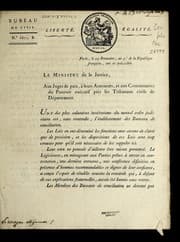 Tapa de Le ministre de la justice, aux juges de paix, a   leurs assesseurs, et aux commissaires du pouvoir exe cutif pre  s les tribunaux civils de de partement