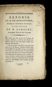 Tapa de Re ponse de M. de Robespierre, membre de l'Assemble e nationale, a   une lettre de M. Lambert, contro leur ge ne ral de finances