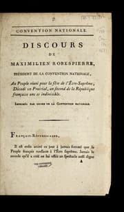 Tapa de Discours de Maximilien Robespierre, pre sident de la Convention nationale, au peuple re uni pour la fe te de l'E tre-supre me, de cadi 20 prairial, an second de la Re publique franc ʹaise une et indivisible