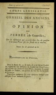 Tapa de Opinion de Perre e (de Granville) sur la resolution qui accorde 600 liv. de pension a   la veuve Pivot sur les fonds de la marine