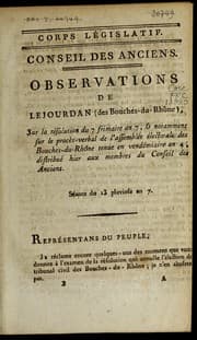 Tapa de Observations de Lejourdan (des Bouches-du-Rho ne) sur la re solution du 7 frimaire an 7 & notamment sur le proce  s-verbal de l'assemble e e lectorale des Bouches-du-Rho ne tenue en vende miaire an 4, distribue  hier aux membres du Conseil des anciens