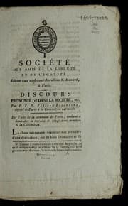 Tapa de Discours prononce dans la Socie te , etc., par P.F.N. Fabre-d'E glantine, de pute de Paris a la Convention nationale, sur l'acte de la Commune de Paris tendant a demander la retraite de vingt-deux membres de la Convention
