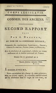 Tapa de Second rapport fait par J. Dusaulx, au nom de la commission spe ciale, compose e des repre sentans Lecouteulx, Cretet, Creuze -Latouche, Loysel jeune, et Dusaulx, sur la re solution du 4 germinal, relative au renouvellement de la loterie nationale de France