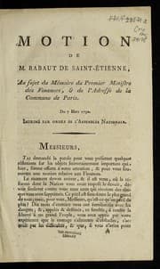 Tapa de Motion de M. Rabaut de Saint-E tienne, au sujet du Me moire du premier ministre des finances, & de l'adresse de la commune de Paris