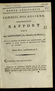 Tapa de Rapport fait par Lejourdan (des Bouches-du-Rho ne) sur la re solution du premier jour comple mentaire, qui applique a   quinze cantons du de partement de l'Orne 24 messidor