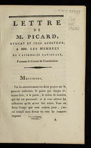 Tapa de Lettre de M. Picard, avocat et juge auditeur, a MM. les membres de l'Assemble e nationale, formant le Comite  de Constitution