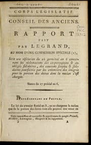 Tapa de Rapport fait par Legrand, au nom d'une commission spe ciale, sur une re solution du 26 germinal an 6, concernant les re clamations des co-partageans & co-oblige s solidaires, des cautions simples & solidaires, poursuivis par les cre anciers des e migre s pour la portion des dettes dont la nation s'est charge e