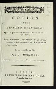Tapa de Motion faite a la Convention nationale apre  s la pe tition des exe cuteurs testamentaires de Mably, pour demander, en faveur de ce grand homme, les honneurs du Panthe on franc ʹais
