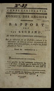 Tapa de Rapport fait par Legrand, au nom d'une commission spe ciale, sur la re solution du 27 fructidor, relative a   la de livrance de bons au porteur en paiement des inte re ts de la dette publique, a   compter du second semestre de l'an 6