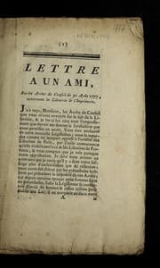 Tapa de Lettre a   un ami, sur les arre ts du Conseil du 30 aou t 1777, concernant la librairie et l'imprimerie