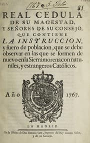 Tapa de Real cedula ... que contiene la instruccion, y fuero de poblacion, que se debe observar en las que se formen de nuevo en la Sierramorena con naturales, y estrangeros Catolicos