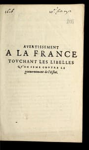 Tapa de Avertissement a la France tovchant les libelles qv'on seme contre le gouuernement de l'Estat
