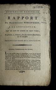 Tapa de Rapport de Maximilien Robespierre, a la Convention, au nom du Comite de salut public, le quintidi, 15 frimaire, l'an second de la Republique, une & indivisible