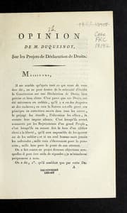 Tapa de Opinion de M. Duquesnoy, sur les projets de de claration de droits