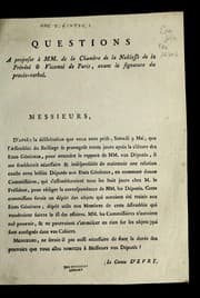 Tapa de Questions a proposer a   MM. de la chambre de la noblesse de la pre vo te  & vicomte  de Paris, avant la signature du proce  s-verbal