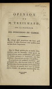 Tapa de Opinion de M. Treilhard, sur la proprie te des possessions du clerge .