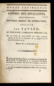 Tapa de Nouveau projet de re solution, pre sente  par Favard au nom d'une commission spe ciale sur les droits de successibilite  des enfans naturels depuis la loi du 12 brumaire an 2 jusqu'a   la loi du 15 thermidor an 4