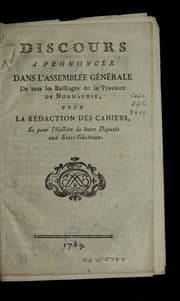 Tapa de Discours a prononcer dans l'assemble e ge ne rale de tous les bailliages de la province de Normandie