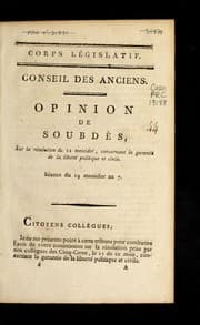Tapa de Opinion de Soubde  s sur la re solution du 11 messidor concernant la garantie de la liberte  politique et civile