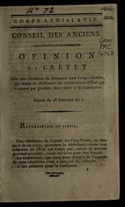 Tapa de Opinion de Cretet sur une re solution du Conseil des cinq-cents qui statue la de che ance des cre anciers de l'e tat qui n'auront pas produits leurs titres a   la liquidation