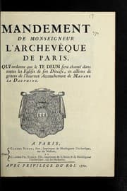 Tapa de Mandement de Monseigneur l'archeve que de Paris, qui ordonne que le Te Deum sera chante dans toutes les eglises de son dioce se, en actions de graces de l'heureux accouchement de Madame la dauphine