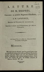 Tapa de Lettre de M. Despre s, canonnier au premier re giment d'artillerie, a   M. Lasource, membre de l'Assemble e nationale